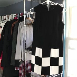 black dress with black and white block pattern